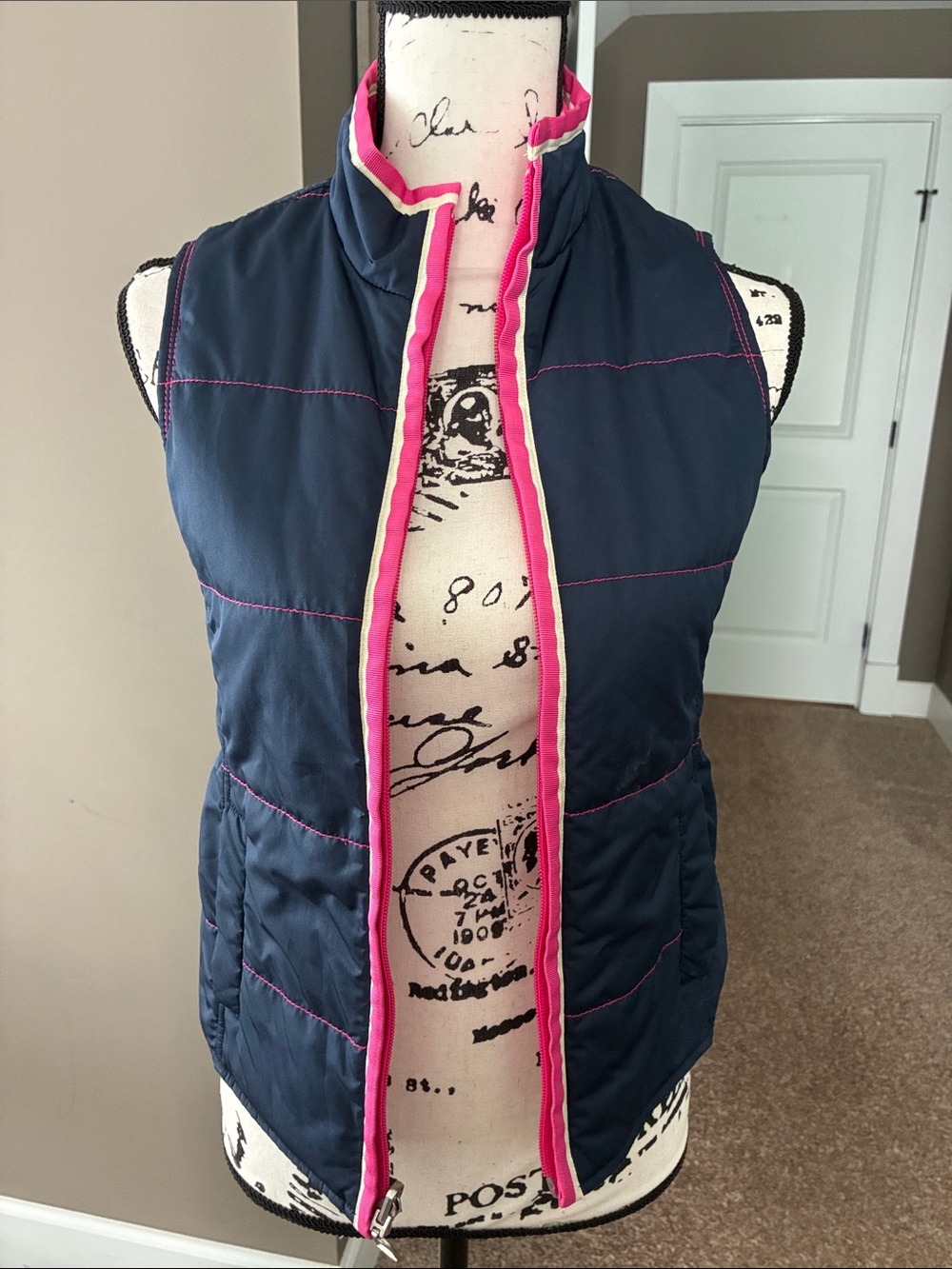 Women's Navy Quilted Vest with Pink Trim